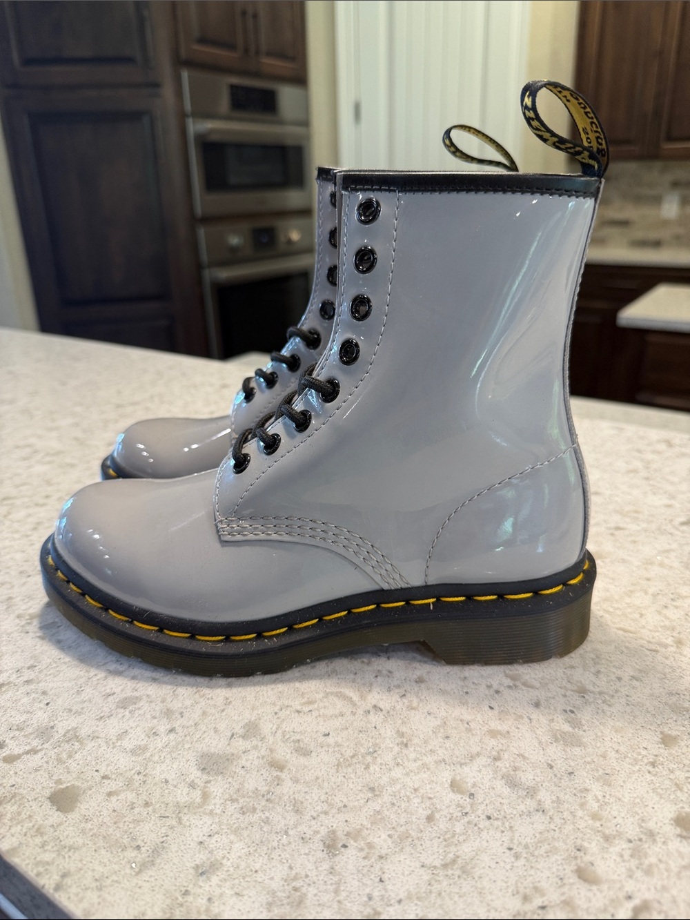 Dr. Martens Glossy Light Gray 8-Eye Lace-Up Boots